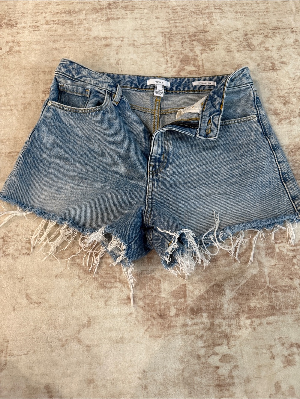 Forever 21 High-Rise Frayed Hem Denim Shorts - Light Blue